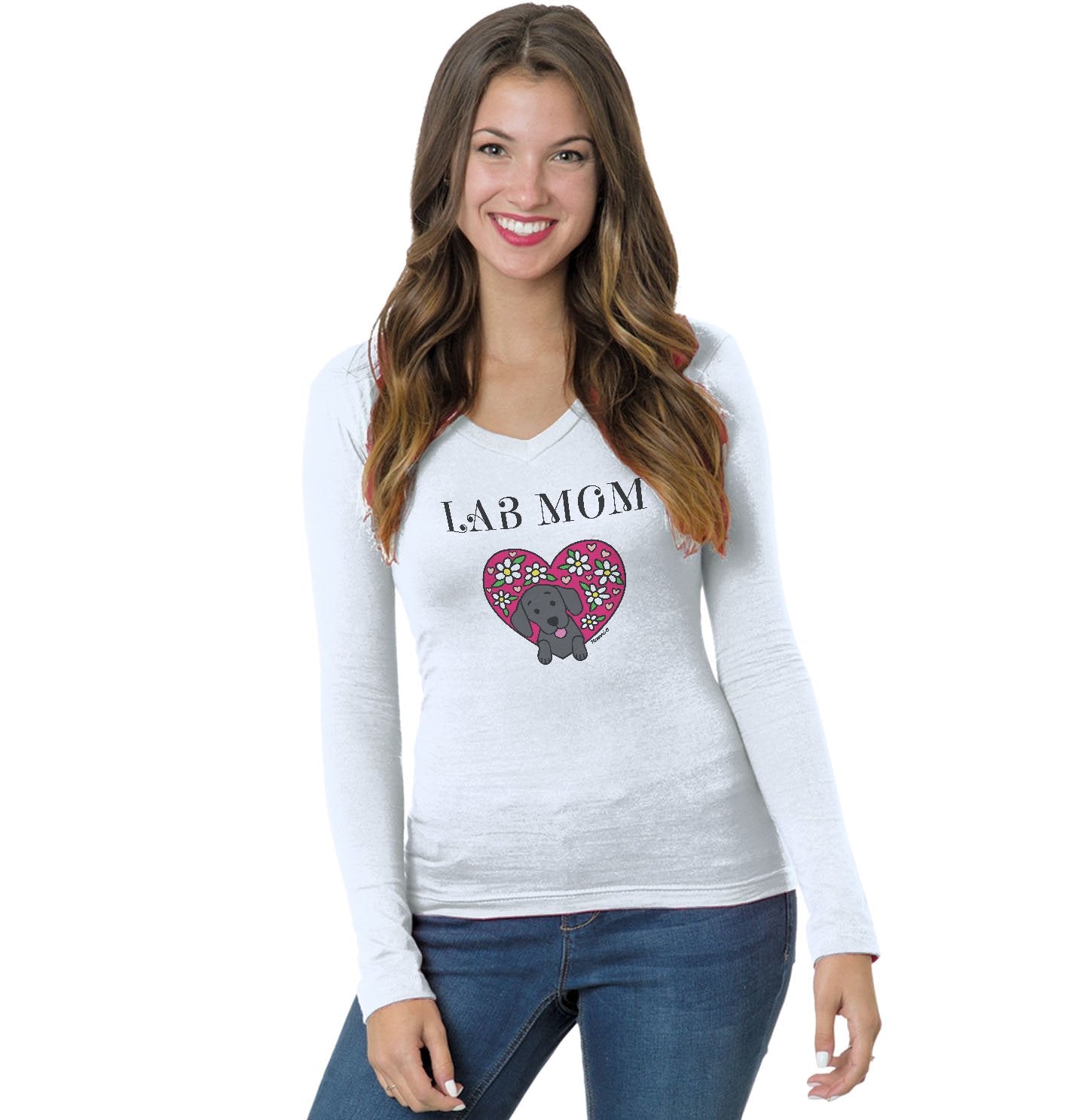 Animal Pride - Flower Heart Black Lab Mom - Women's V-Neck Long Sleeve T-Shirt