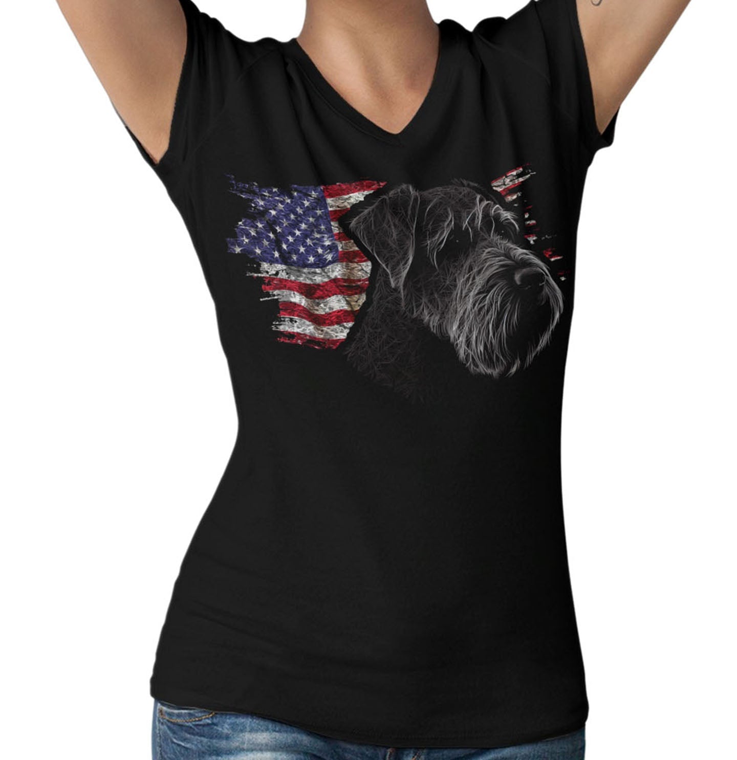 Patriotic Black Russian Terrier American Flag - Women's V-Neck T-Shirt