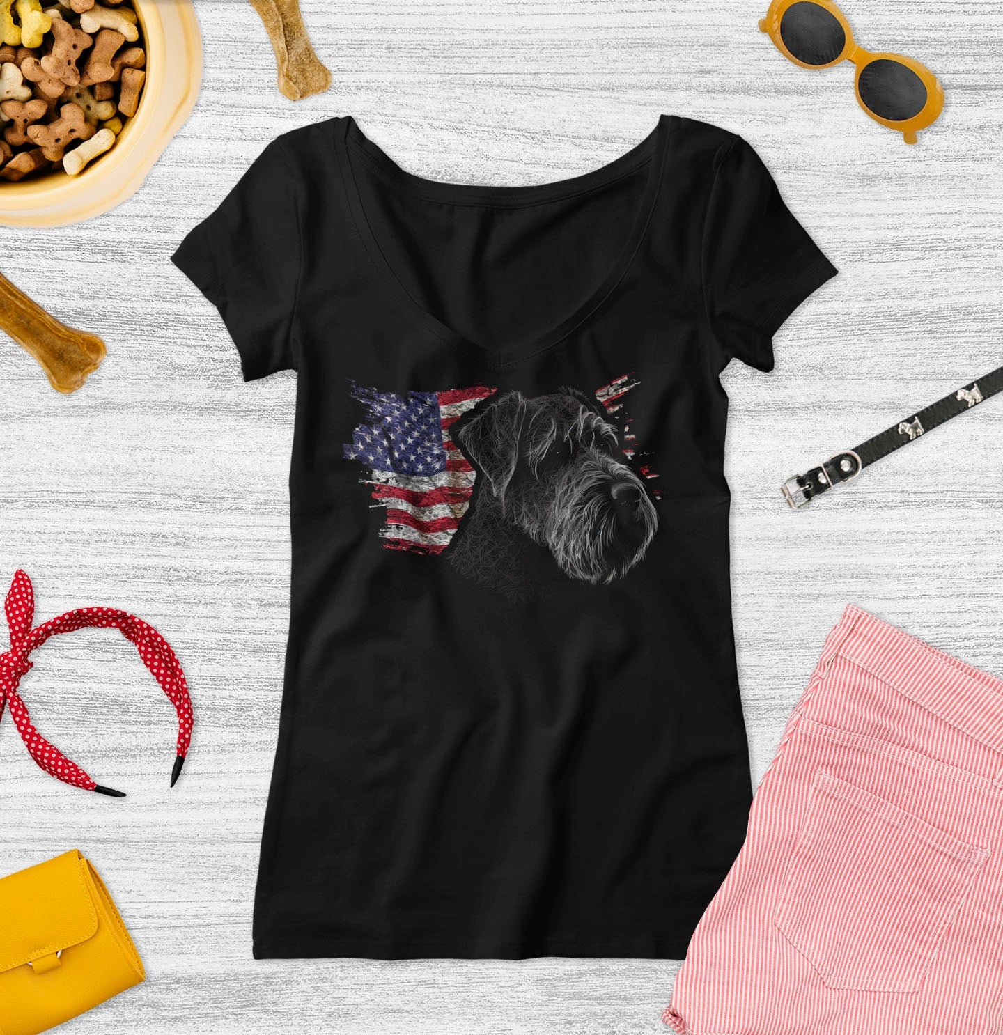 Patriotic Black Russian Terrier American Flag - Women's V-Neck T-Shirt