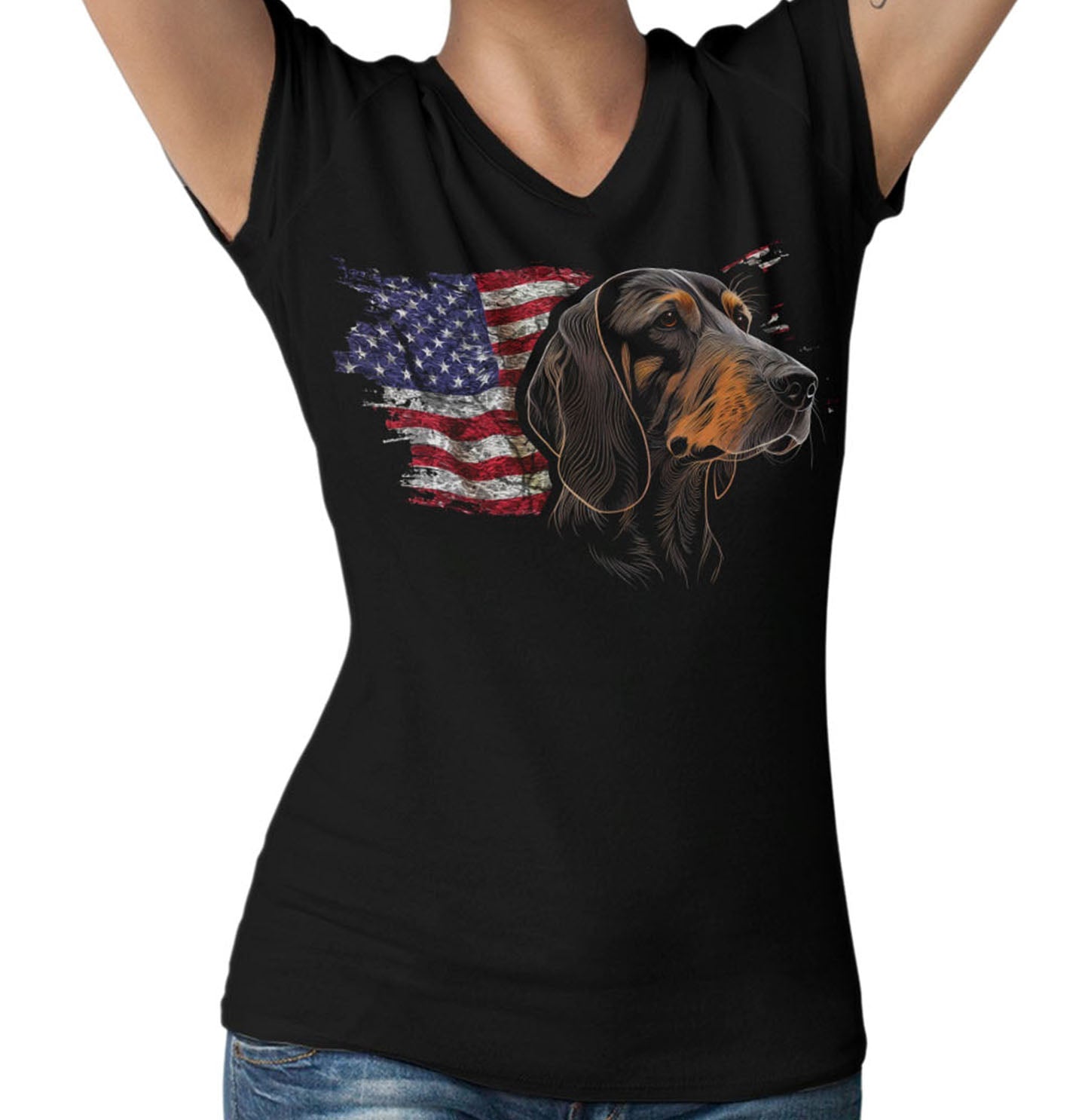 Patriotic Black and Tan Coonhound American Flag - Women's V-Neck T-Shirt