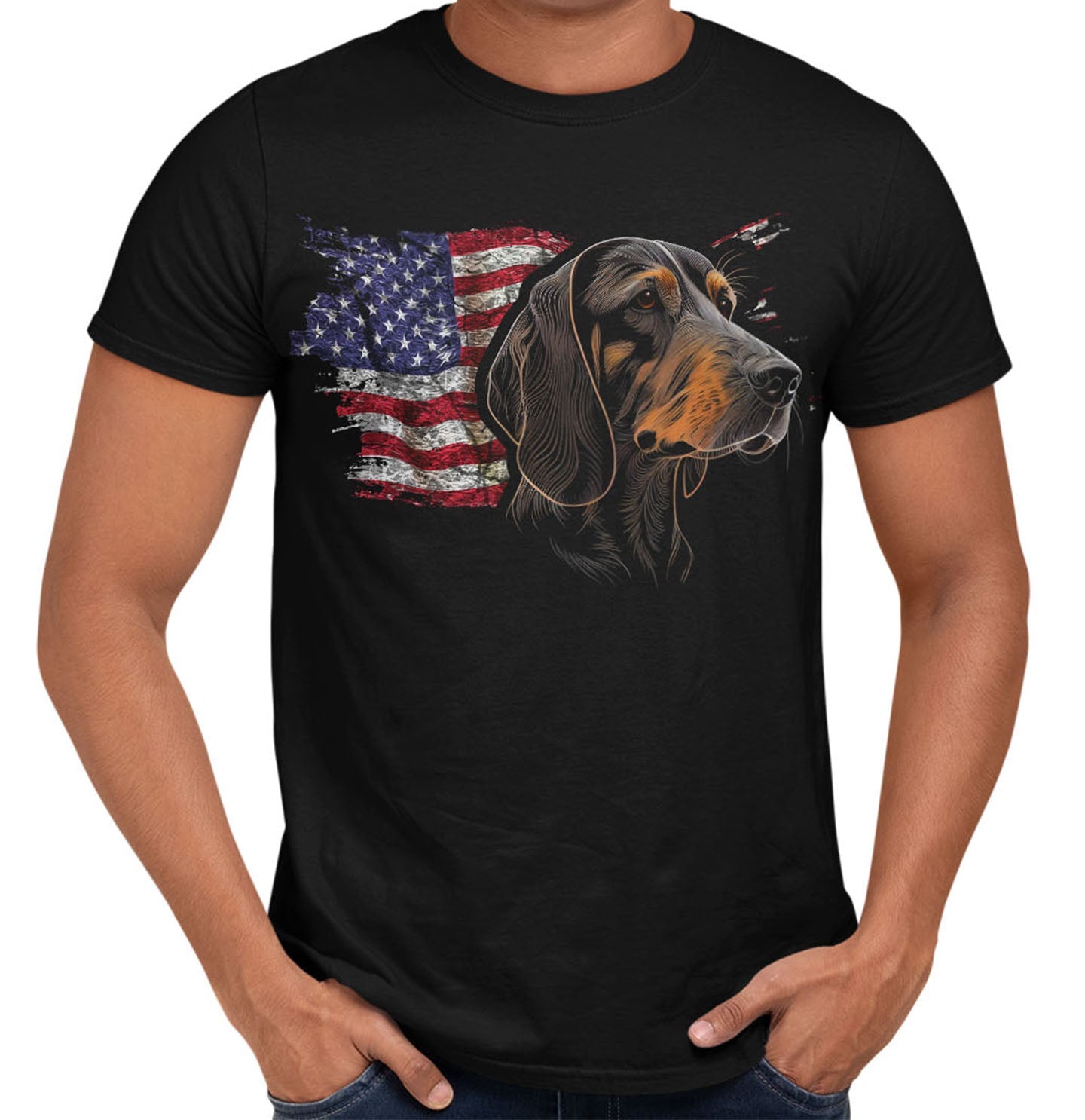 Patriotic Black and Tan Coonhound American Flag - Adult Unisex T-Shirt