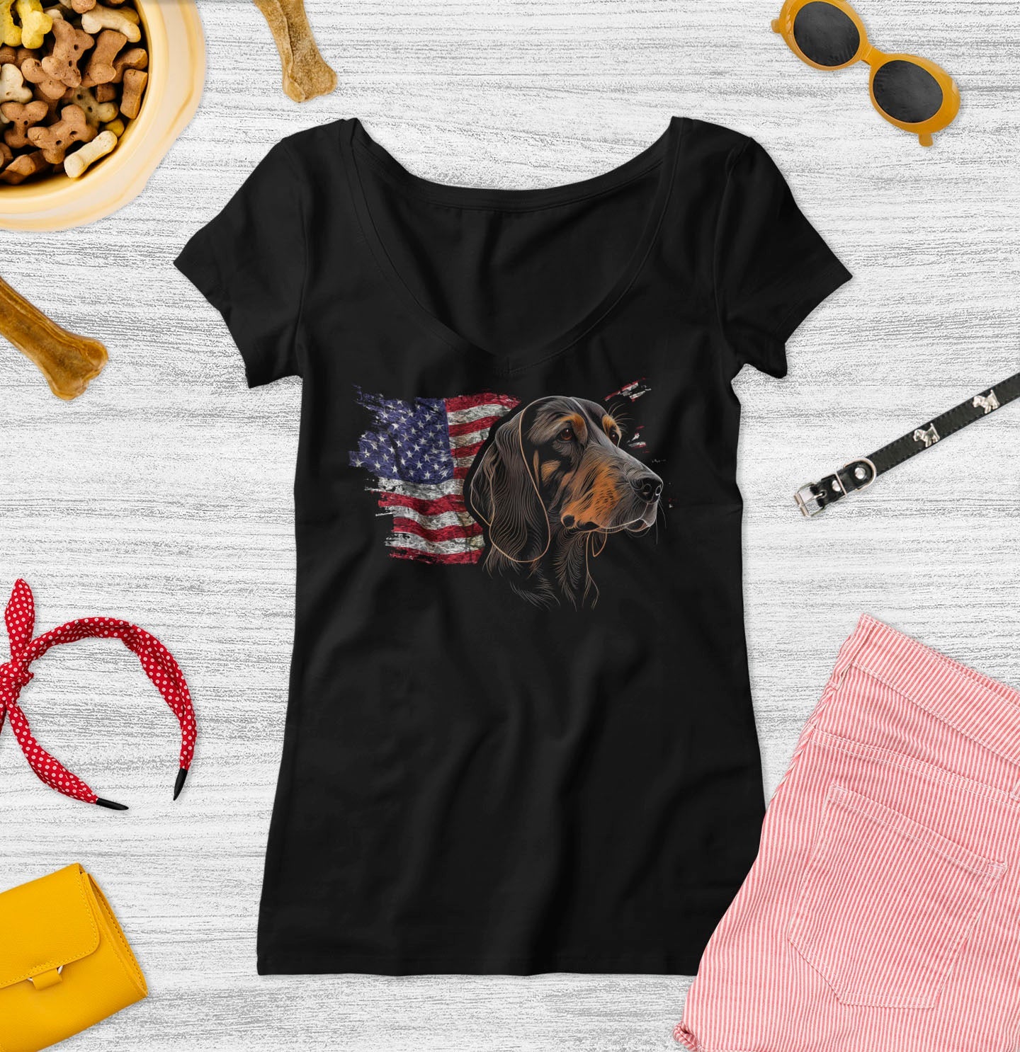 Patriotic Black and Tan Coonhound American Flag - Women's V-Neck T-Shirt