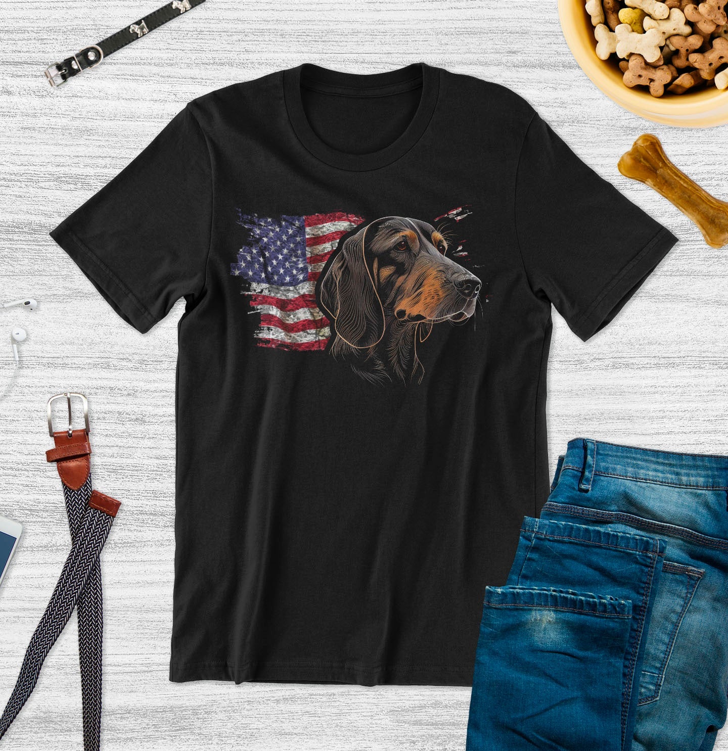 Patriotic Black and Tan Coonhound American Flag - Adult Unisex T-Shirt