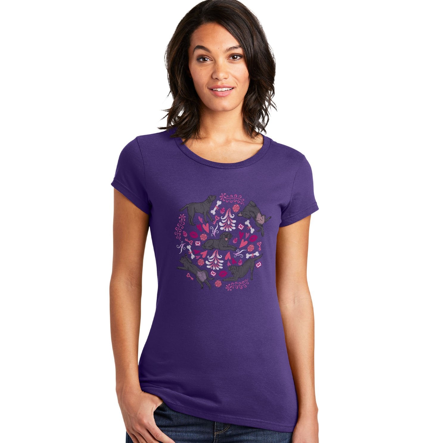 Black Labrador Pink Fleur Pattern - Women's Fitted T-Shirt