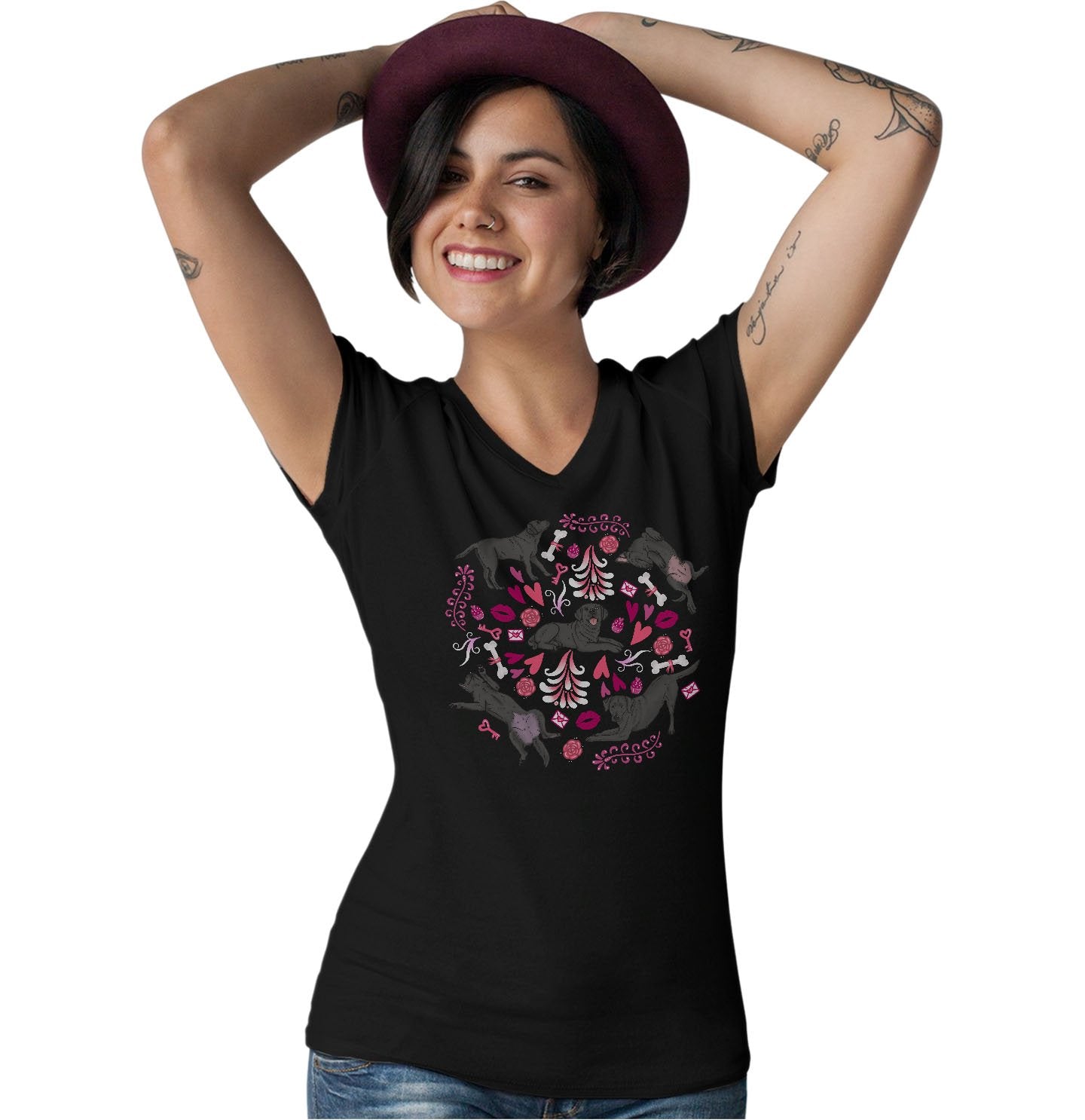 Black Labrador Pink Fleur Pattern - Women's V-Neck T-Shirt