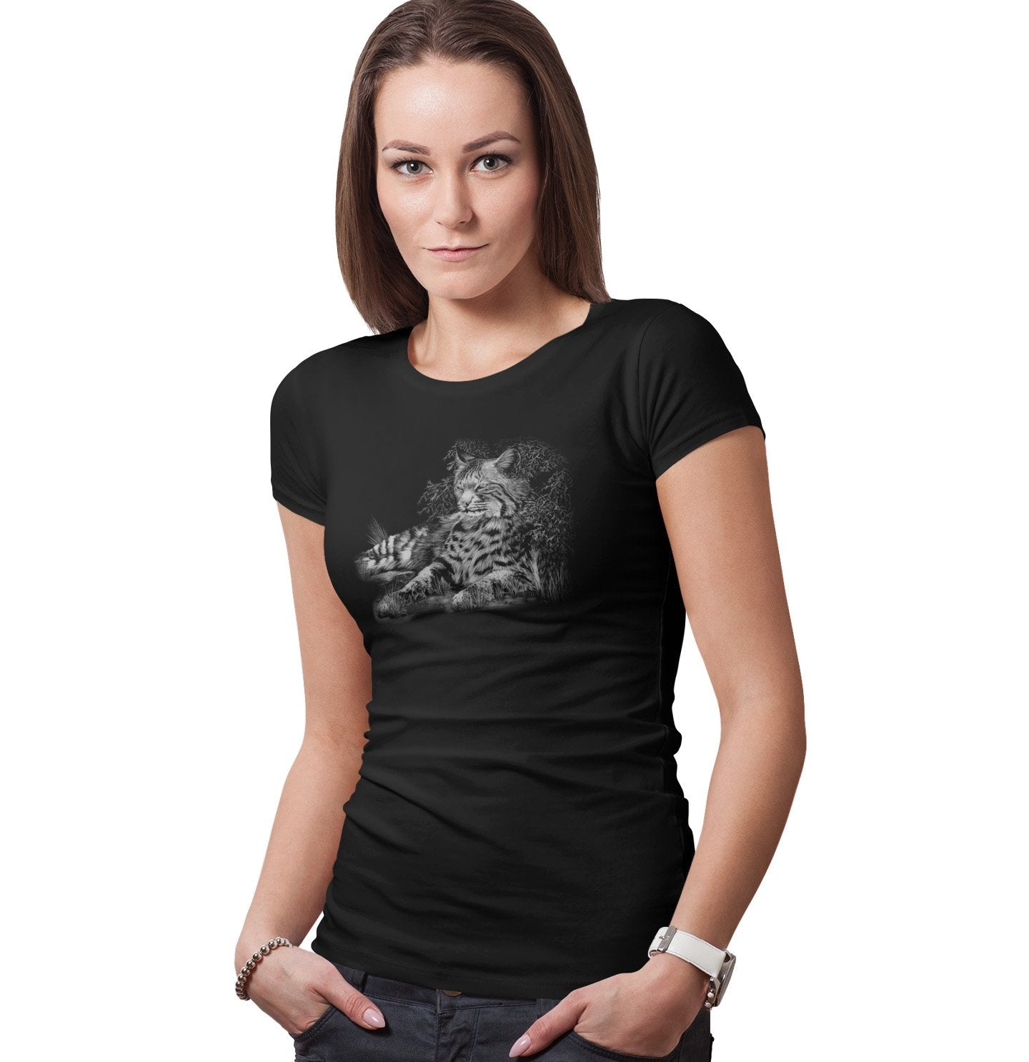 Bobcat Resting on Black - Women's Fitted T-Shirt - Animal Tee