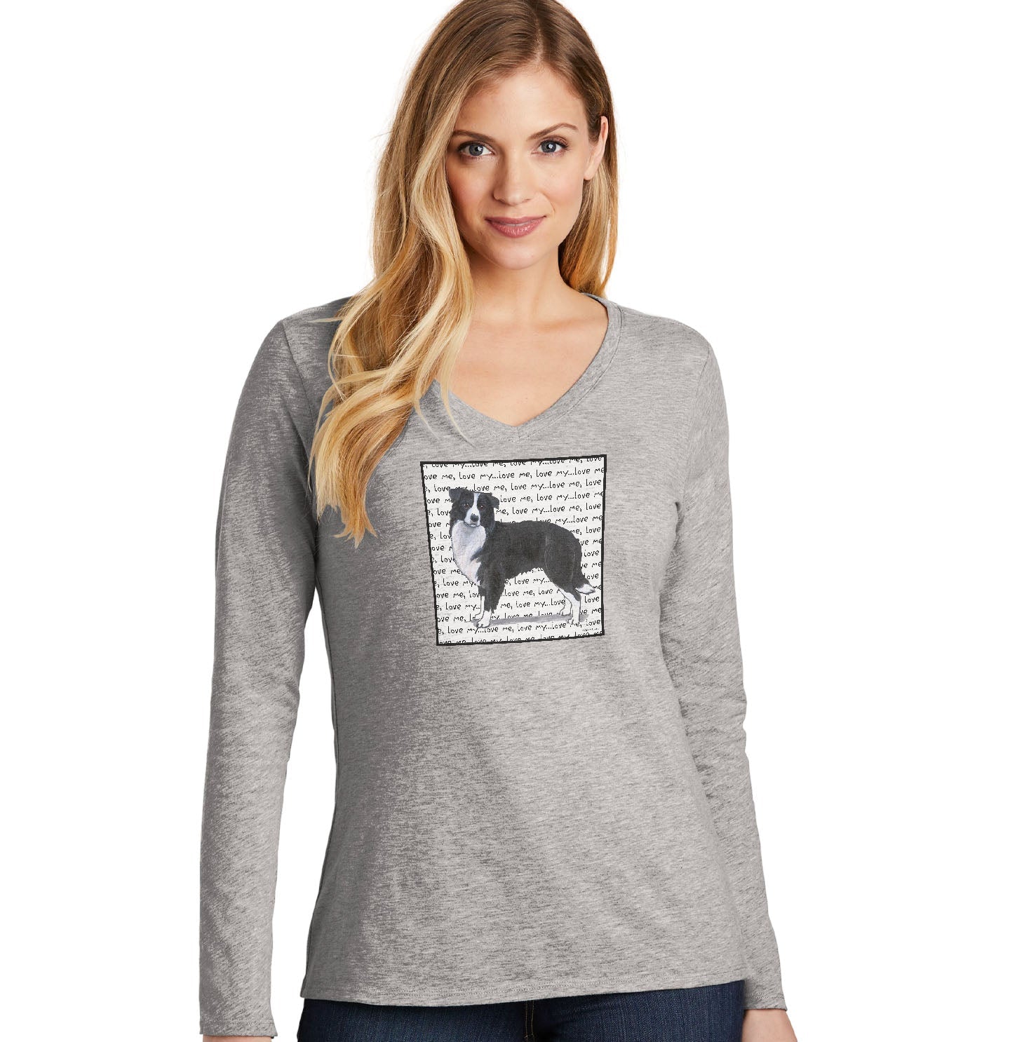 Border Collie Love Text - Women's V-Neck Long Sleeve T-Shirt