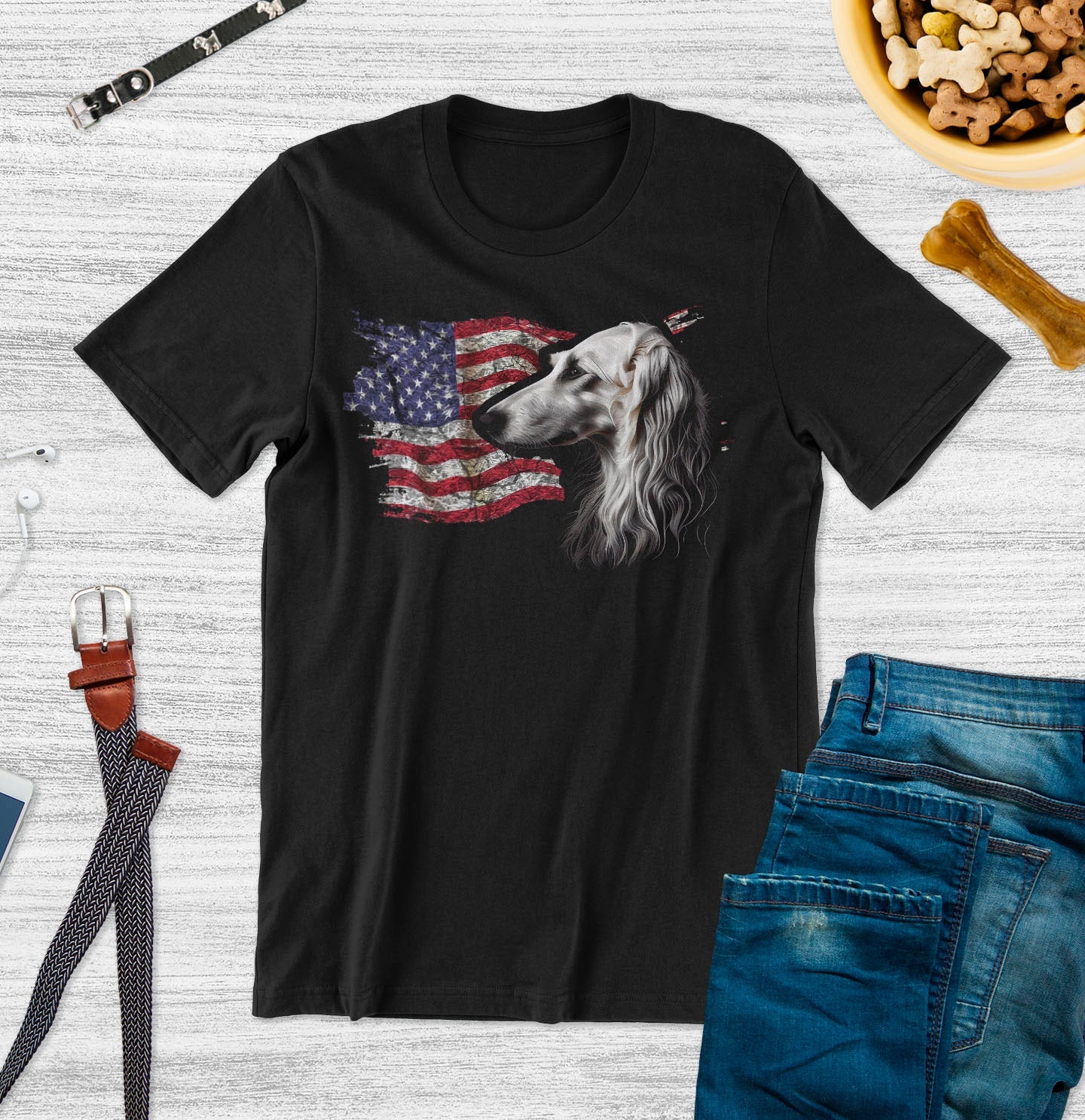 Patriotic Borzoi American Flag - Adult Unisex T-Shirt