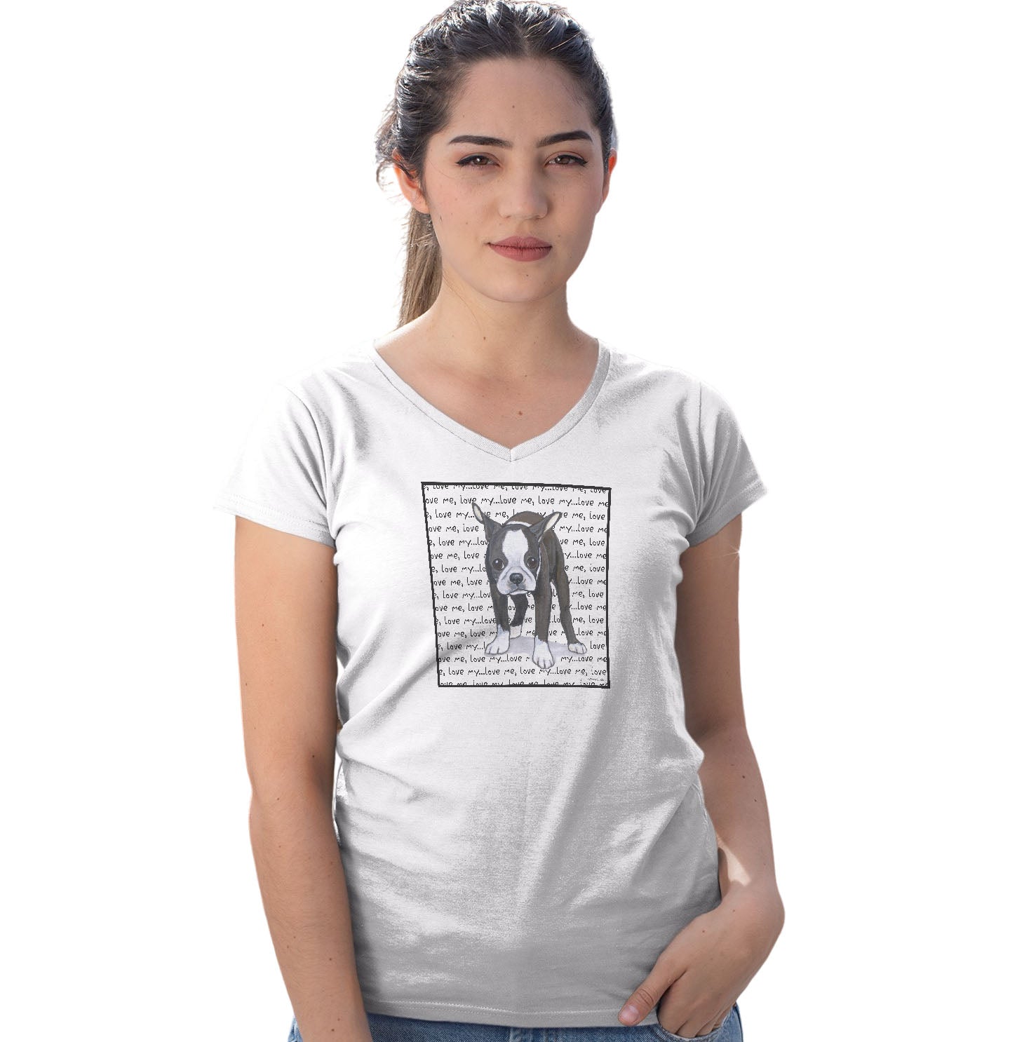 Boston Terrier Love Text - Women's V-Neck T-Shirt