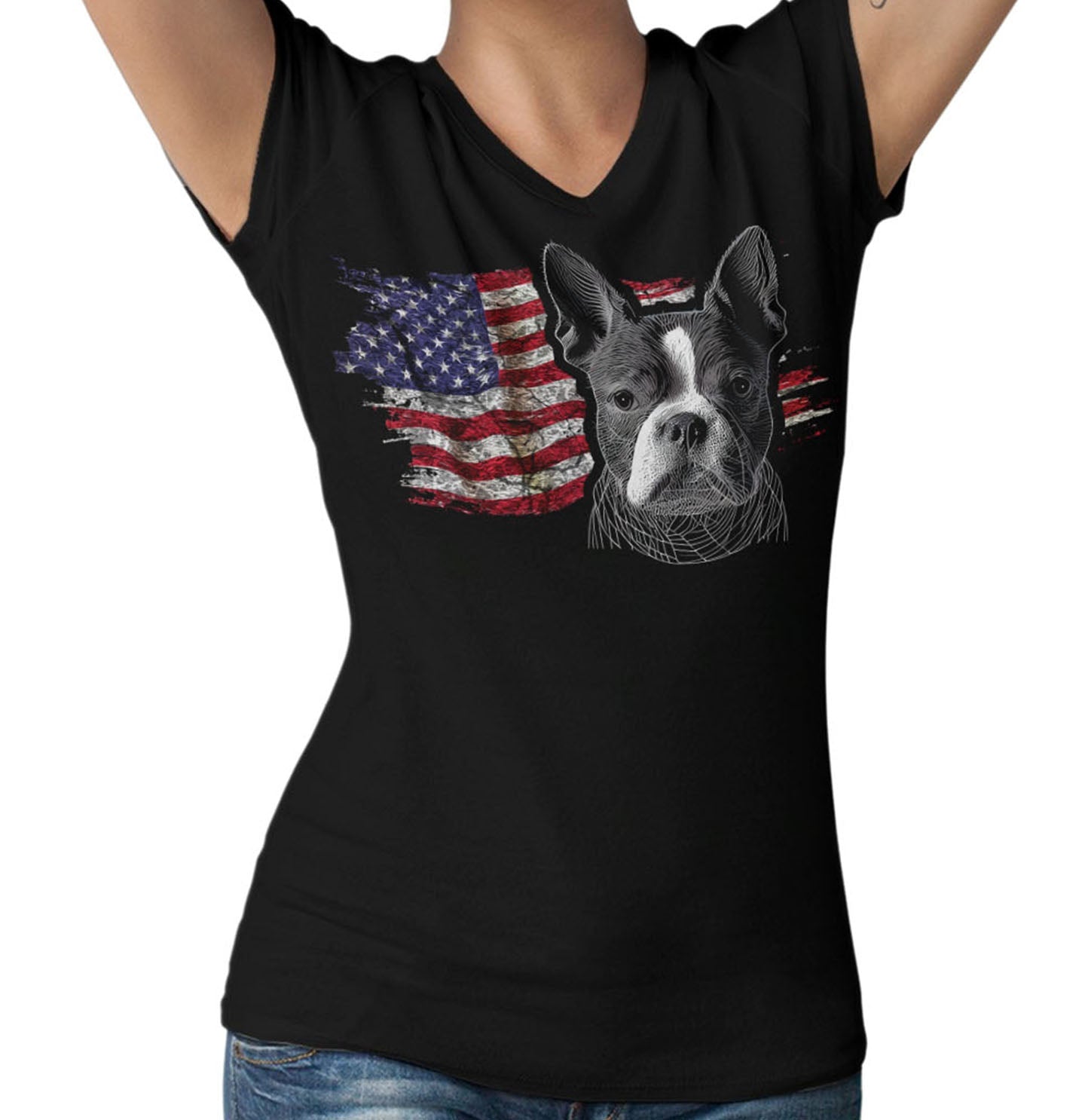 Patriotic Boston Terrier American Flag - Women's V-Neck T-Shirt