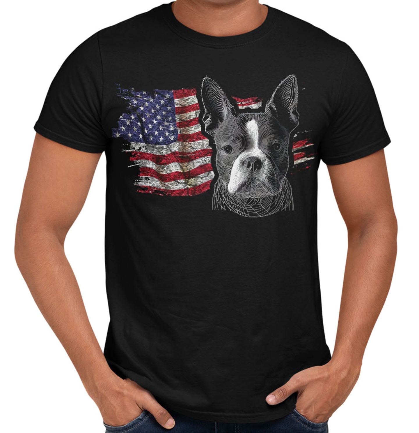 Patriotic Boston Terrier American Flag - Adult Unisex T-Shirt