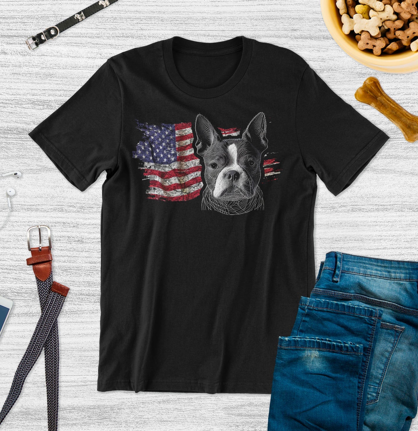 Patriotic Boston Terrier American Flag - Adult Unisex T-Shirt