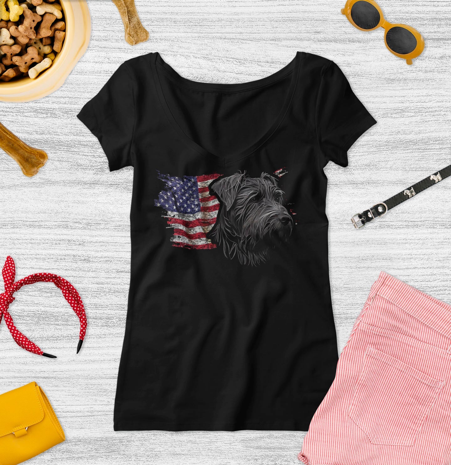 Patriotic Bouvier des Flandres American Flag - Women's V-Neck T-Shirt