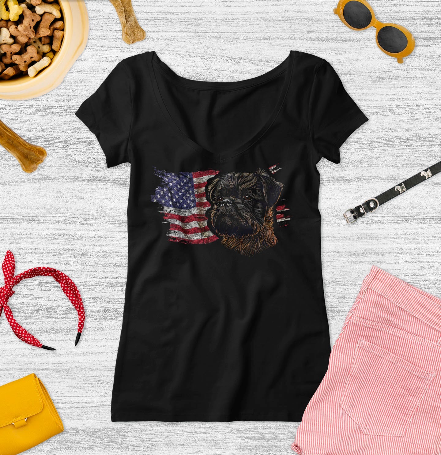 Patriotic Brussels Griffon American Flag - Women's V-Neck T-Shirt