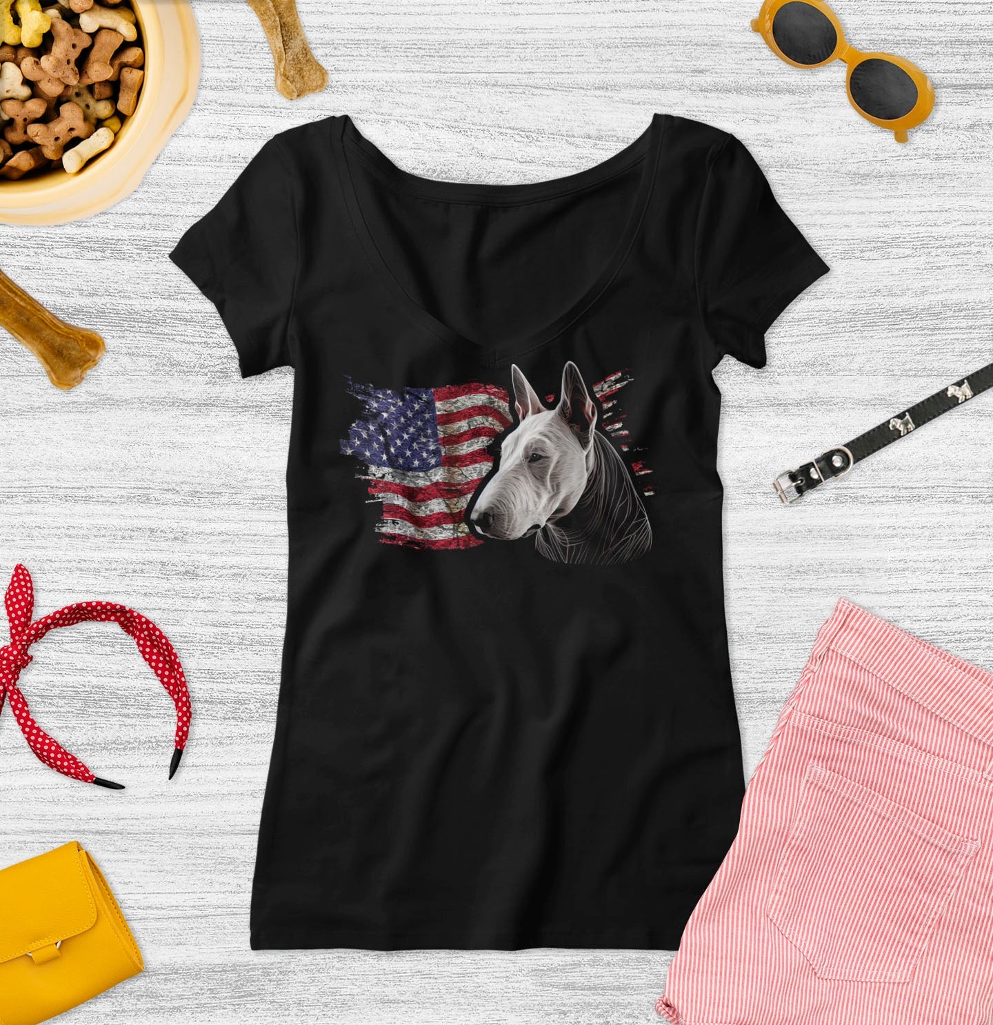 Patriotic Bull Terrier American Flag - Women's V-Neck T-Shirt