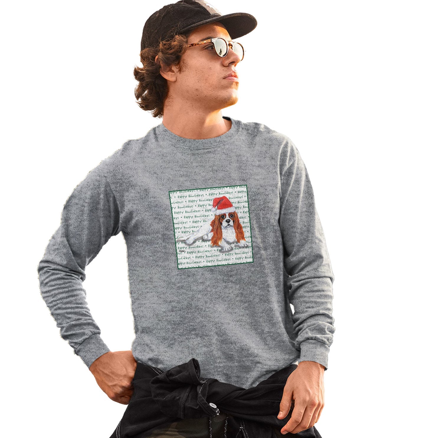 Cavalier King Charles Spaniel (Blenheim) Happy Howlidays Text - Adult Unisex Long Sleeve T-Shirt