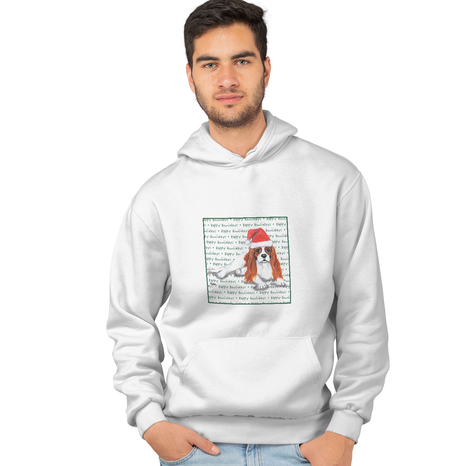 Cavalier King Charles Spaniel (Blenheim) Happy Howlidays Text - Adult Unisex Hoodie Sweatshirt