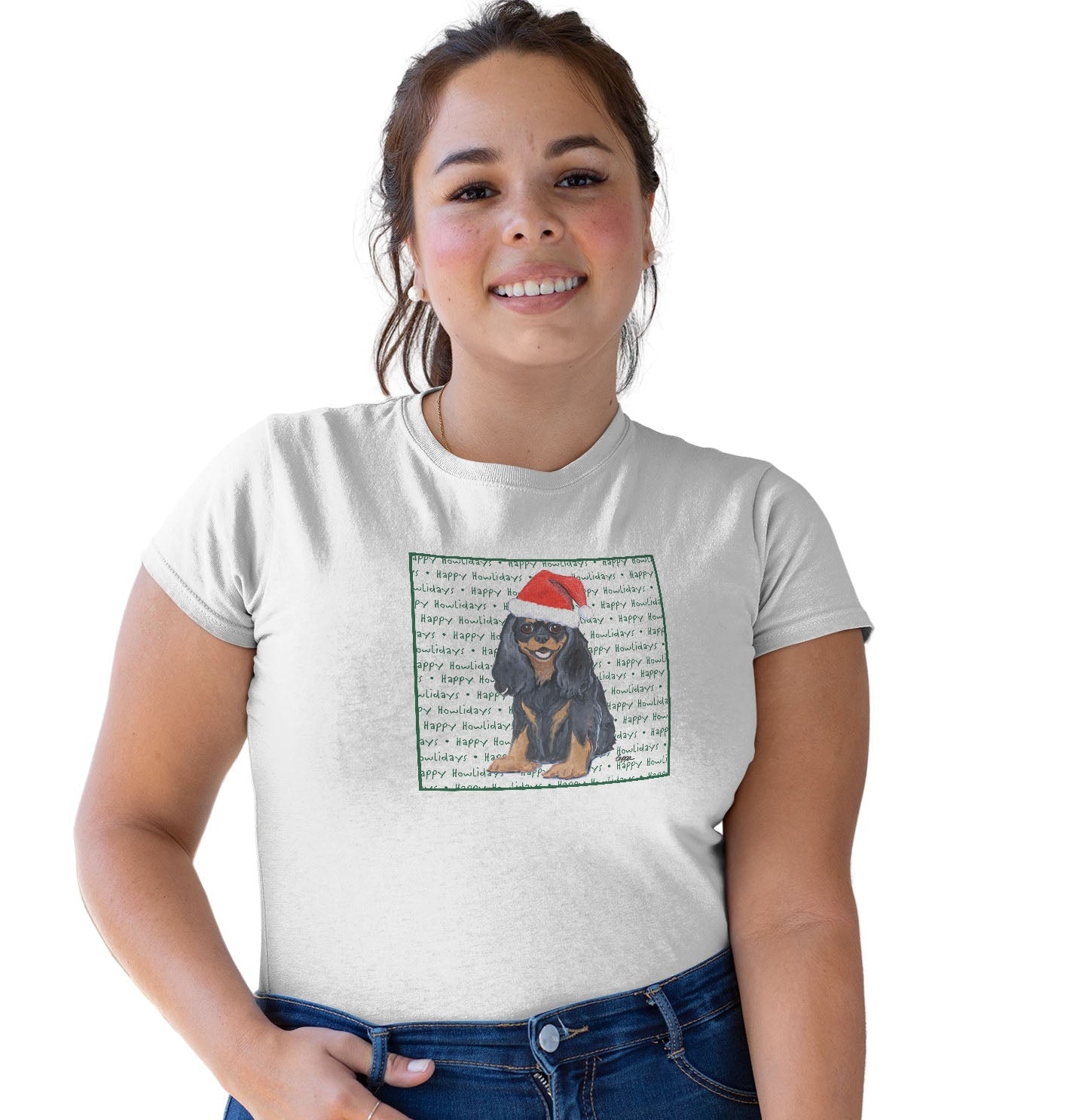 Cavalier King Charles Spaniel (Black & Tan) Happy Howlidays Text - Women's Tri-Blend T-Shirt