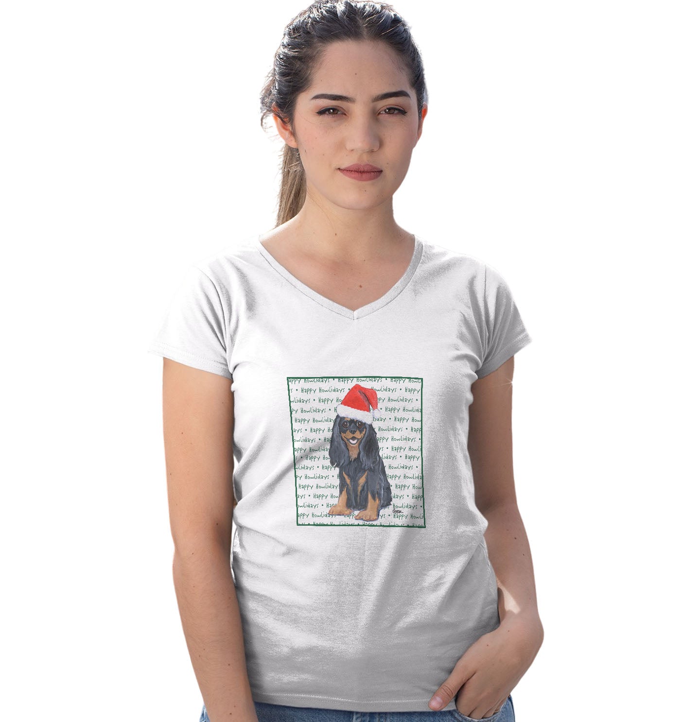 Cavalier King Charles Spaniel (Black & Tan) Happy Howlidays Text - Women's V-Neck T-Shirt