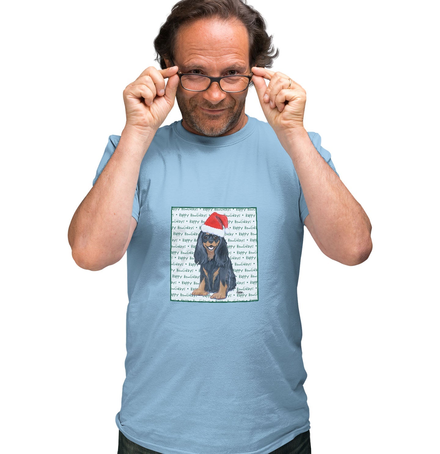 Cavalier King Charles Spaniel (Black & Tan) Happy Howlidays Text - Adult Unisex T-Shirt