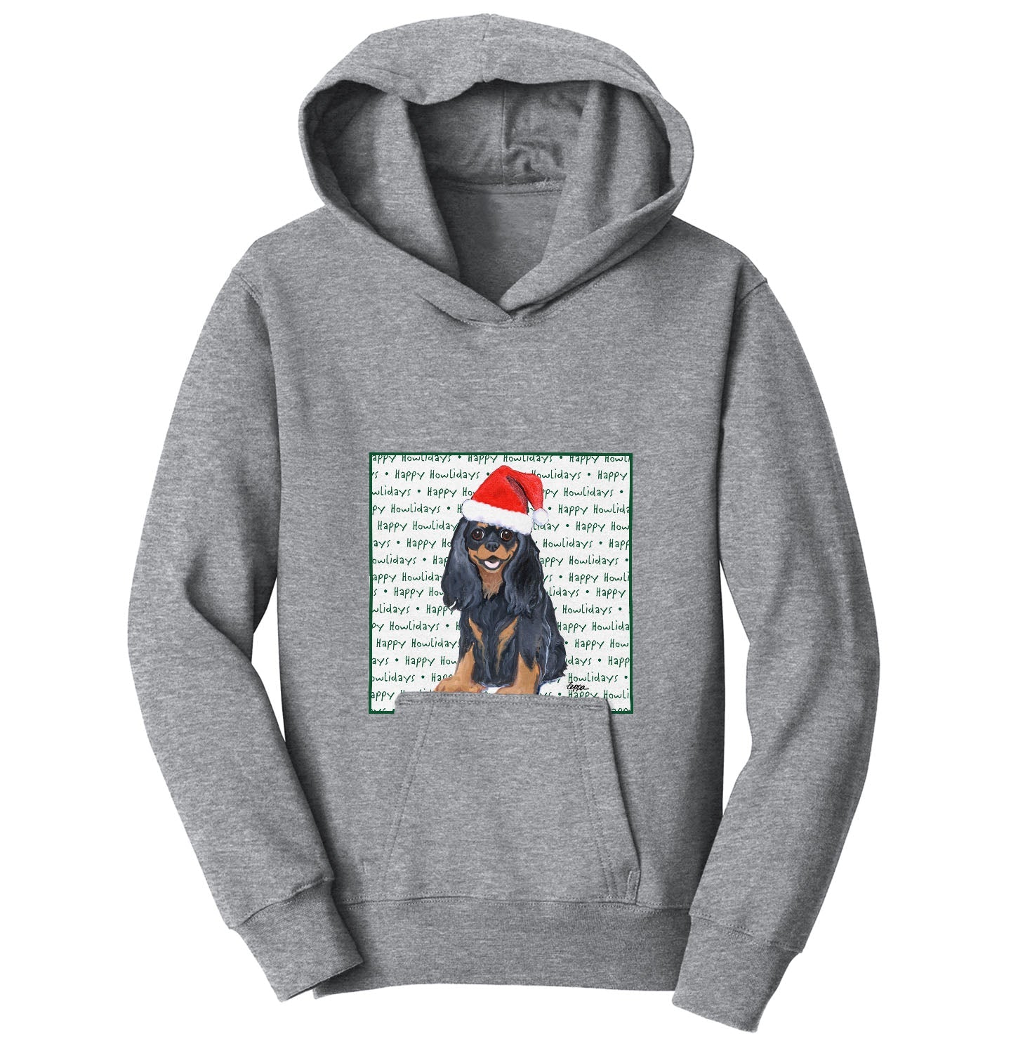 Cavalier King Charles Spaniel (Black & Tan) Happy Howlidays Text - Kids' Unisex Hoodie Sweatshirt