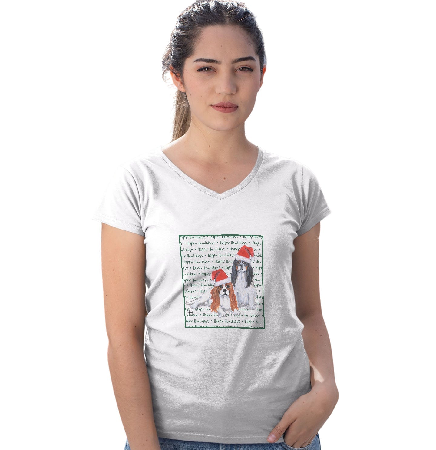 Cavalier King Charles Spaniel (Pair) Happy Howlidays Text - Women's V-Neck T-Shirt