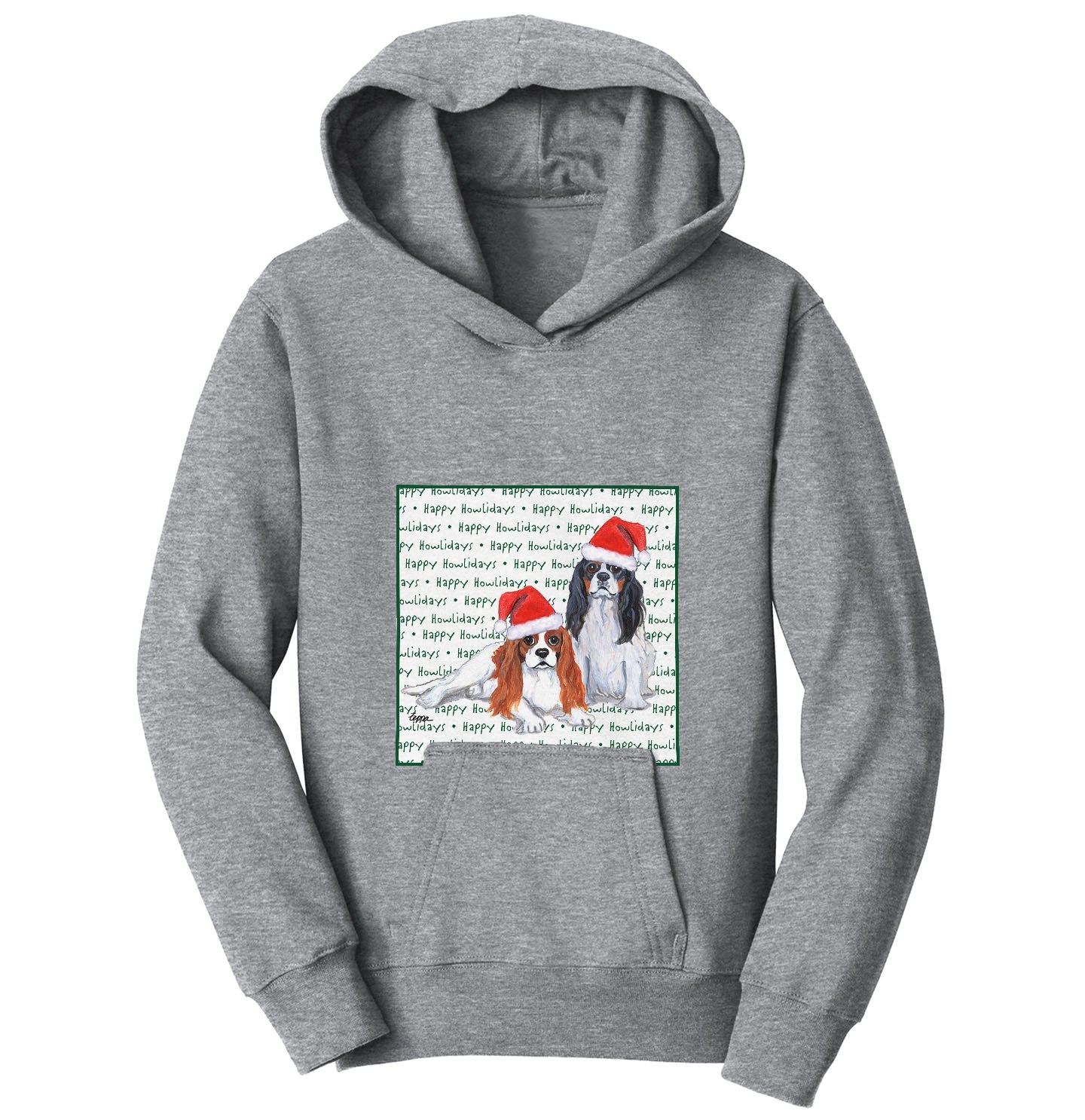 Cavalier King Charles Spaniel (Pair) Happy Howlidays Text - Kids' Unisex Hoodie Sweatshirt