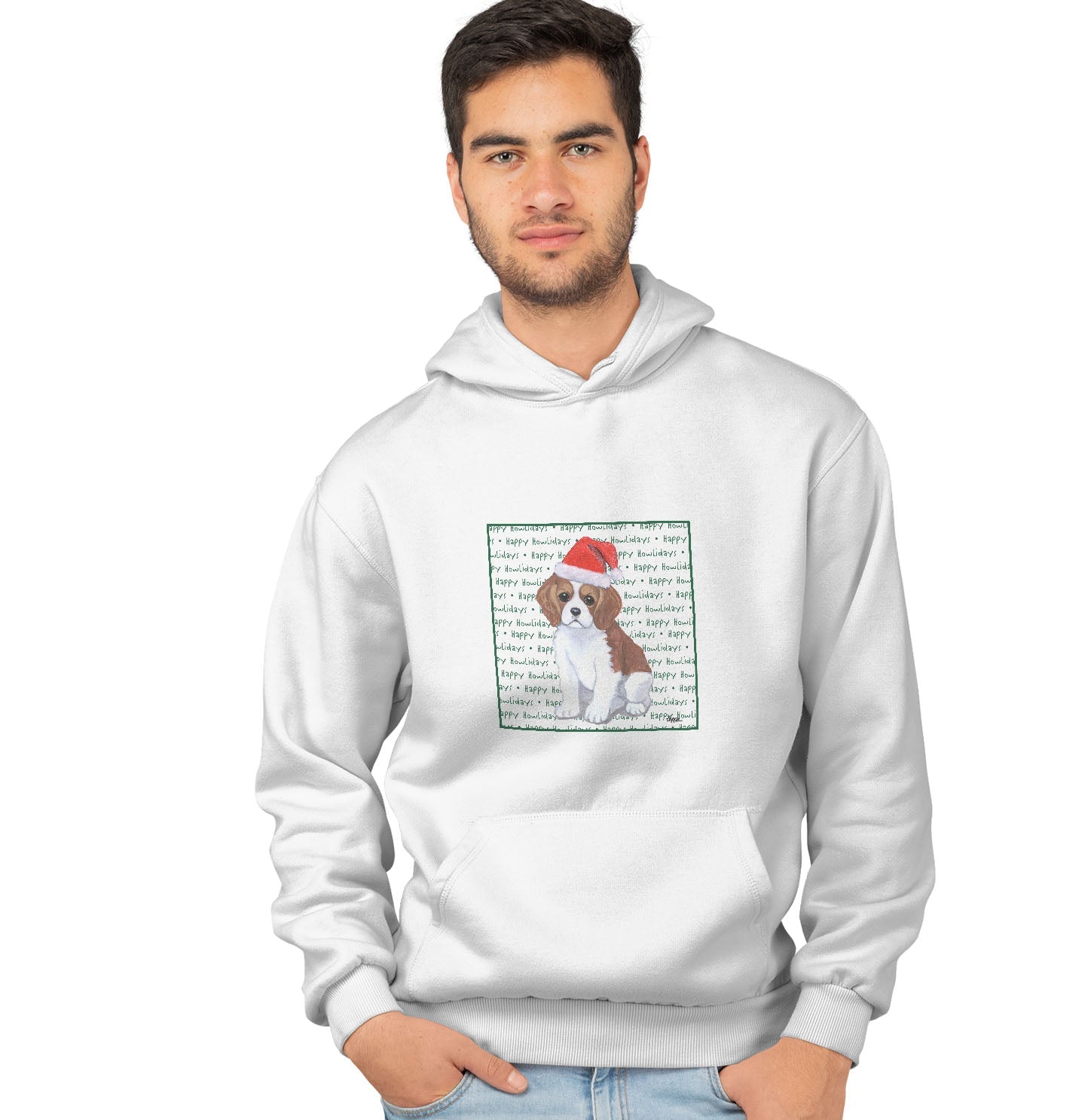 Cavalier King Charles Spaniel Puppy Happy Howlidays Text - Adult Unisex Hoodie Sweatshirt