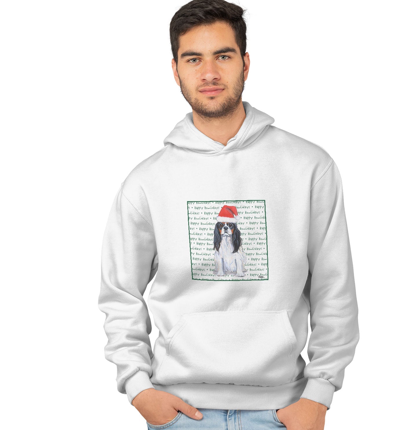 Cavalier King Charles Spaniel (Tri-Color) Happy Howlidays Text - Adult Unisex Hoodie Sweatshirt