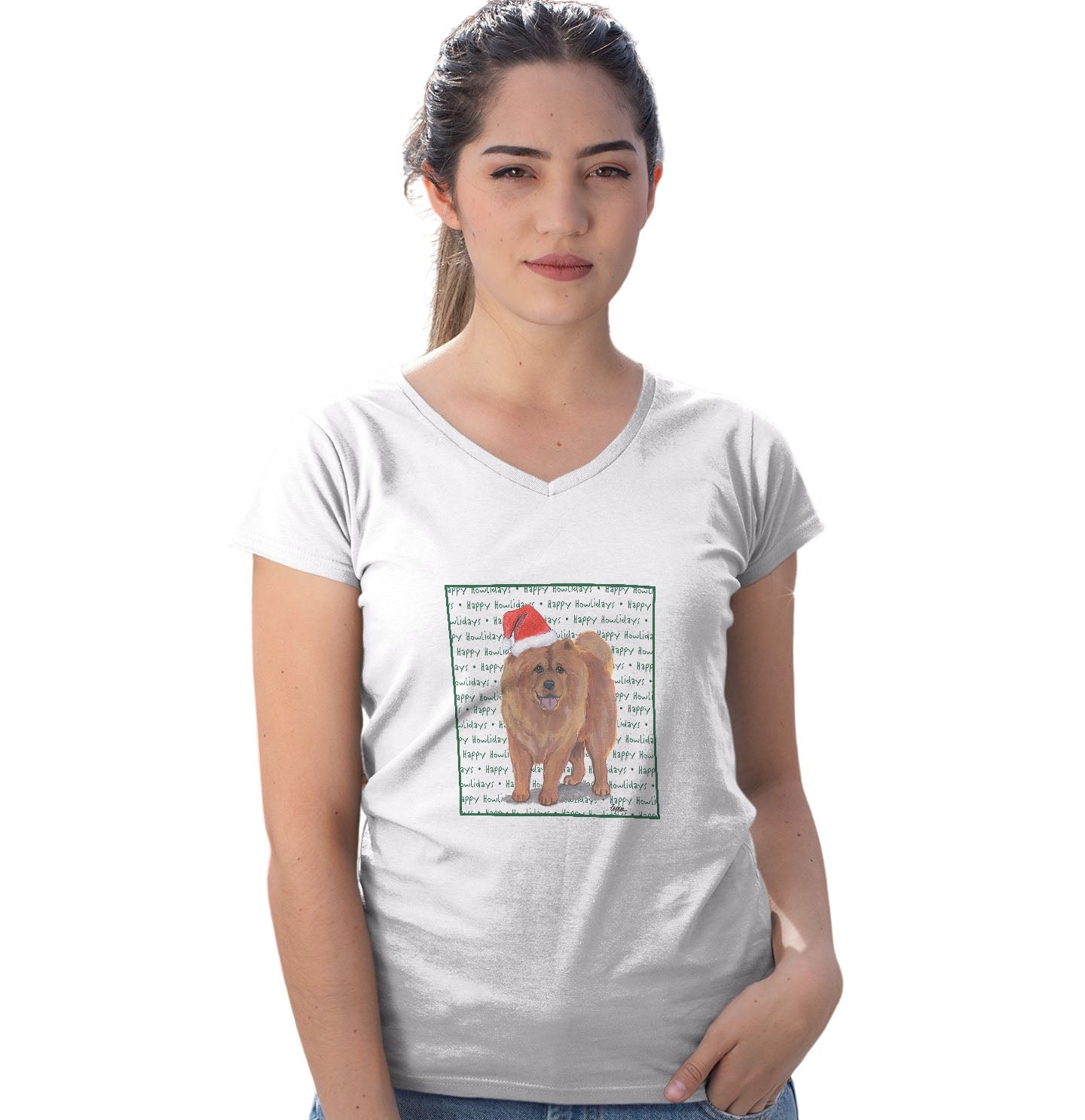 Chow Chow Happy Howlidays Text - Women's V-Neck T-Shirt