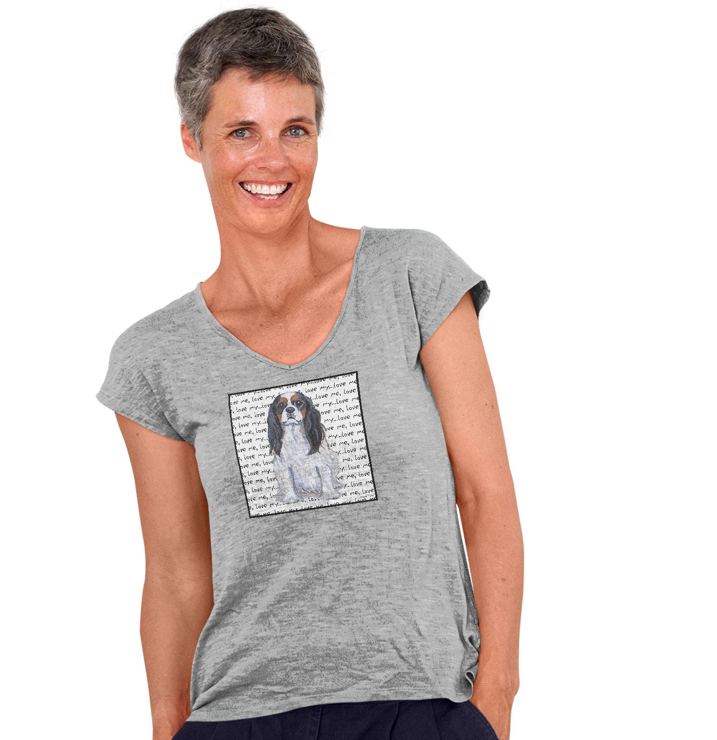 Tri-Color Cavalier Love Text - Women's V-Neck T-Shirt
