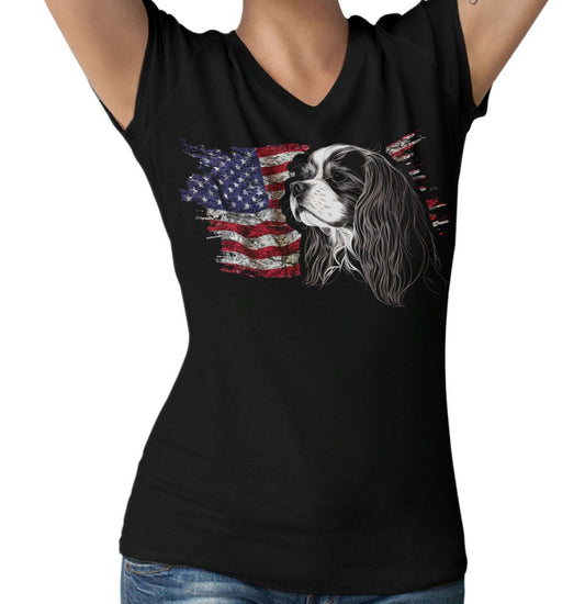 Patriotic Cavalier King Charles Spaniel American Flag - Women's V-Neck T-Shirt