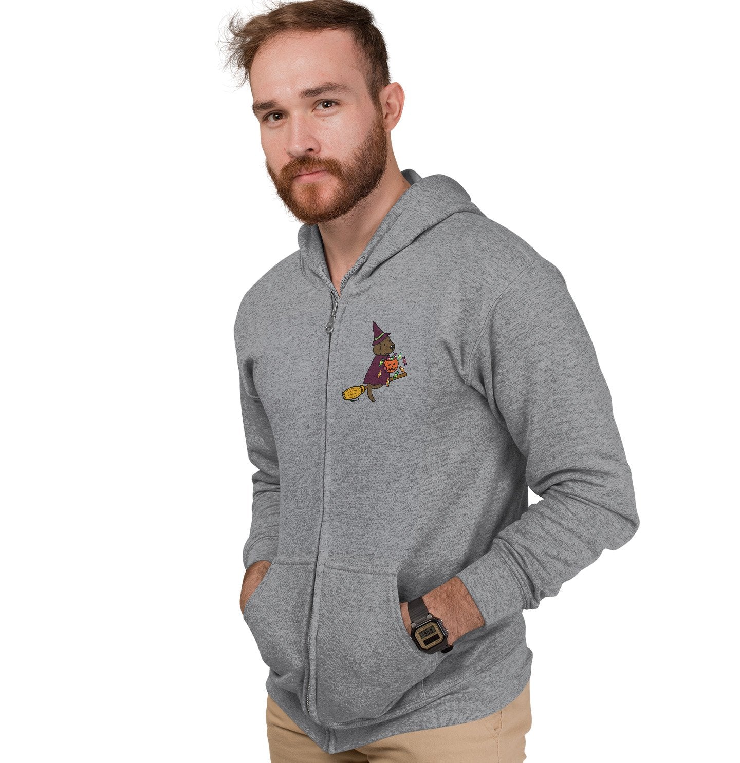 Chocolate Lab Witch Left Chest - Adult Unisex Full-Zip Hoodie Sweatshirt