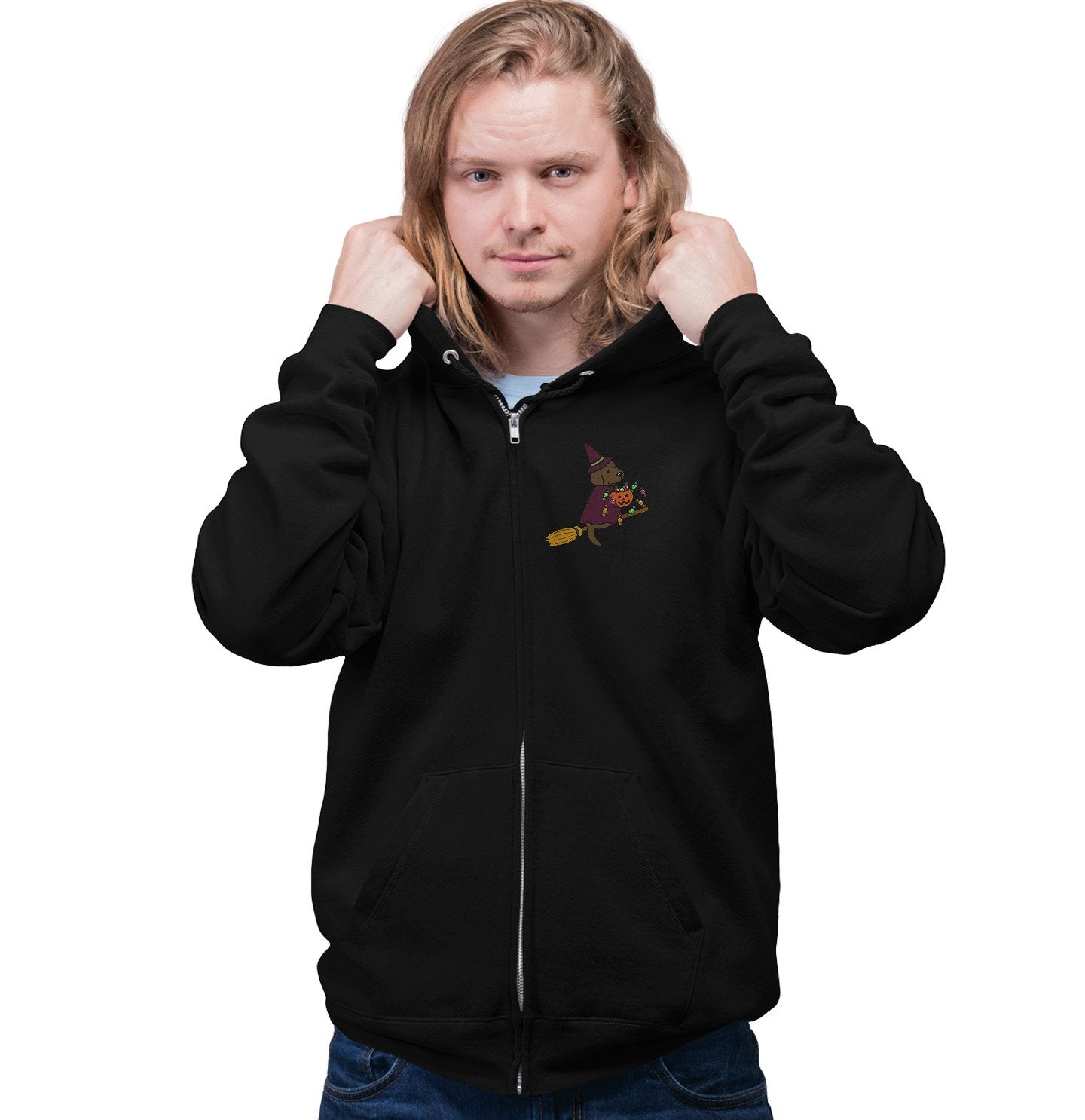 Chocolate Lab Witch Left Chest - Halloween - Adult Unisex Full-Zip Hoodie Sweatshirt