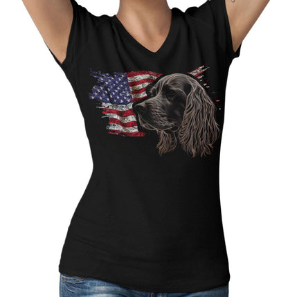 Patriotic Clumber Spaniel American Flag - Women's V-Neck T-Shirt