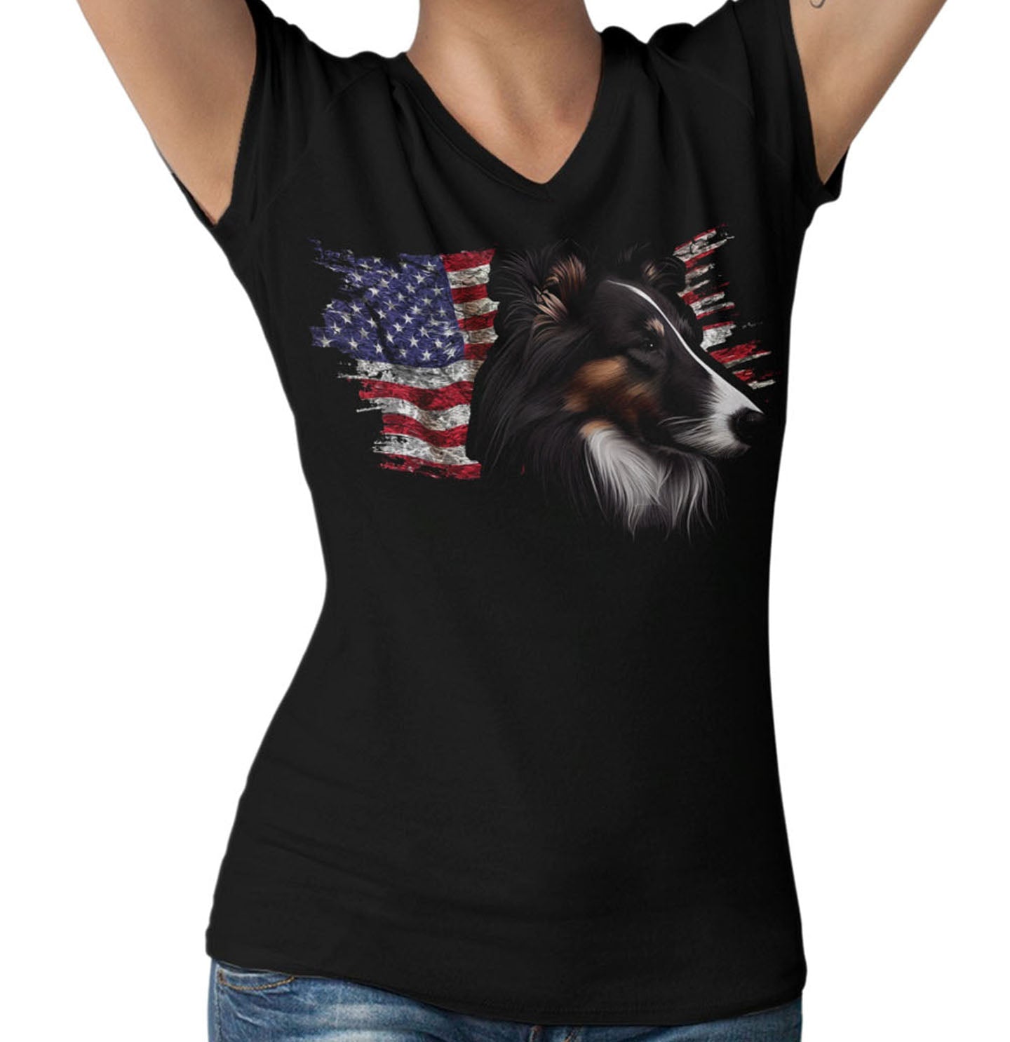 Patriotic Collie American Flag - Women's V-Neck T-Shirt