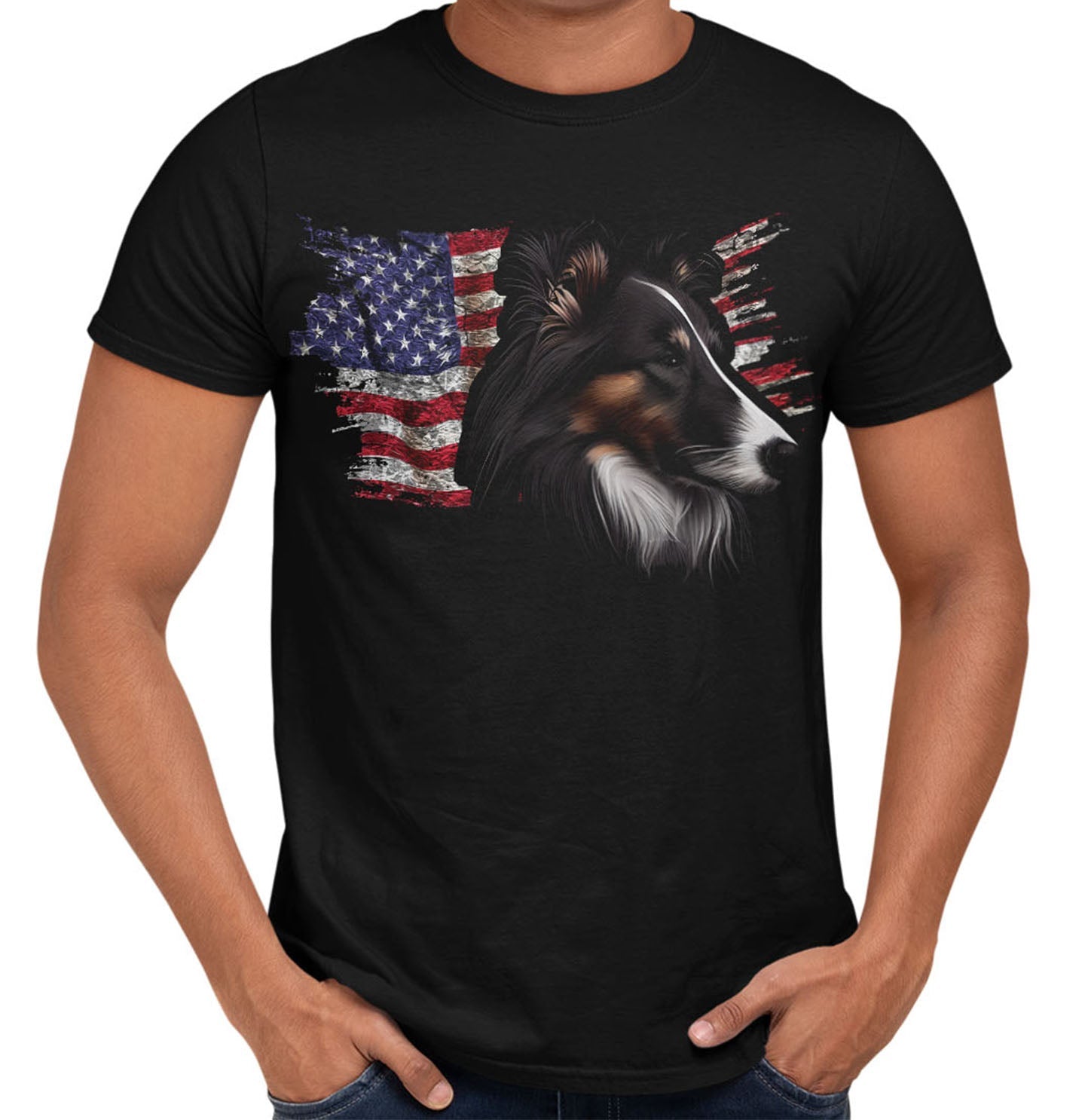 Patriotic Collie American Flag - Adult Unisex T-Shirt
