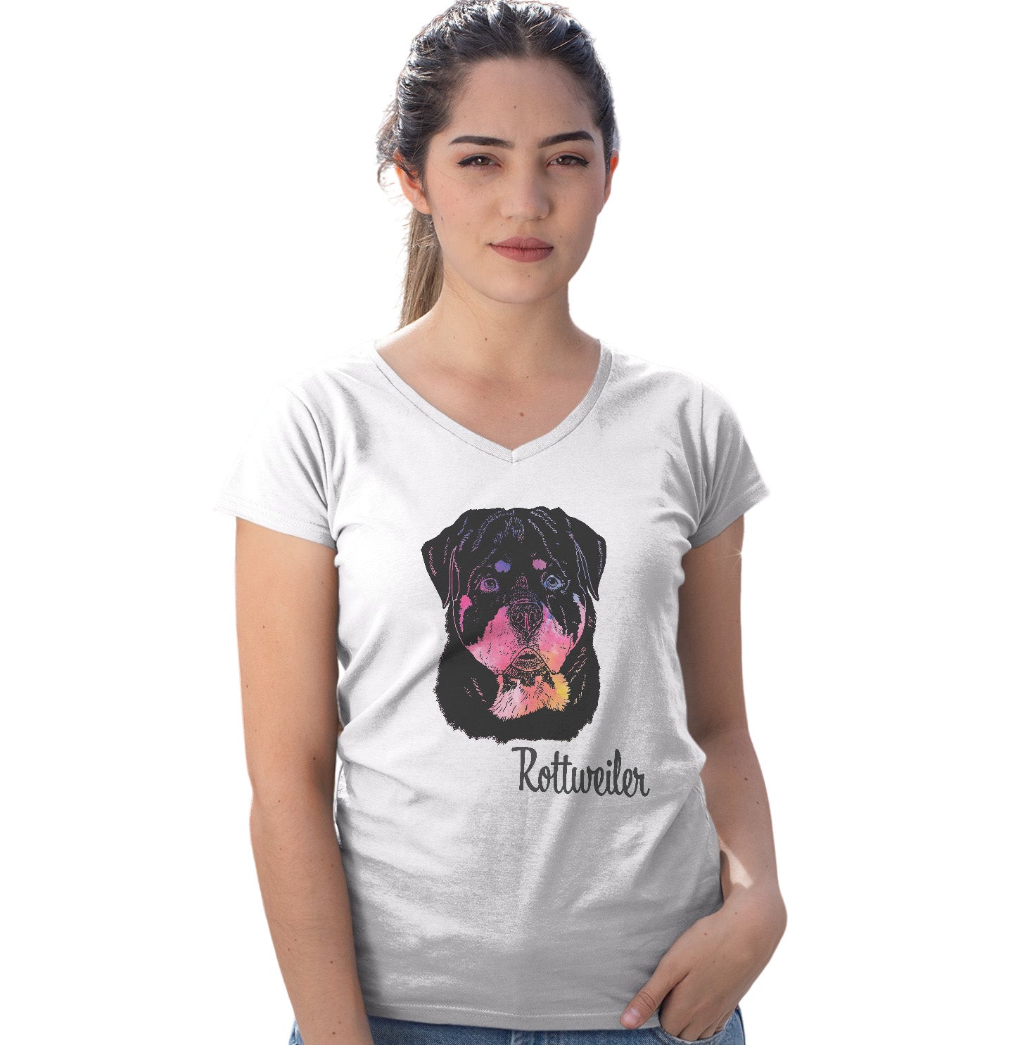 Colorful Rottweiler Headshot - Women's V-Neck T-Shirt