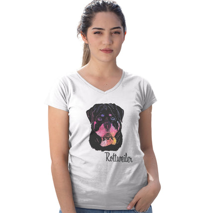 Colorful Rottweiler Headshot - Women's V-Neck T-Shirt