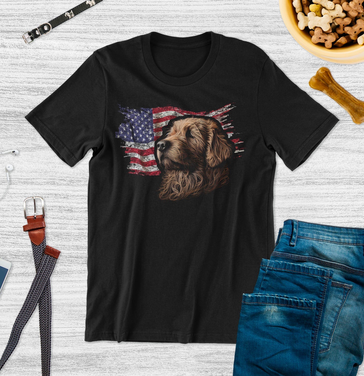 Patriotic Curly-Coated Retriever American Flag - Adult Unisex T-Shirt