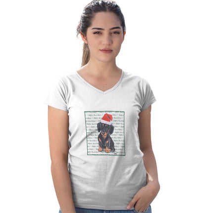 Dachshund (Black) Happy Howlidays Text - Women's V-Neck T-Shirt