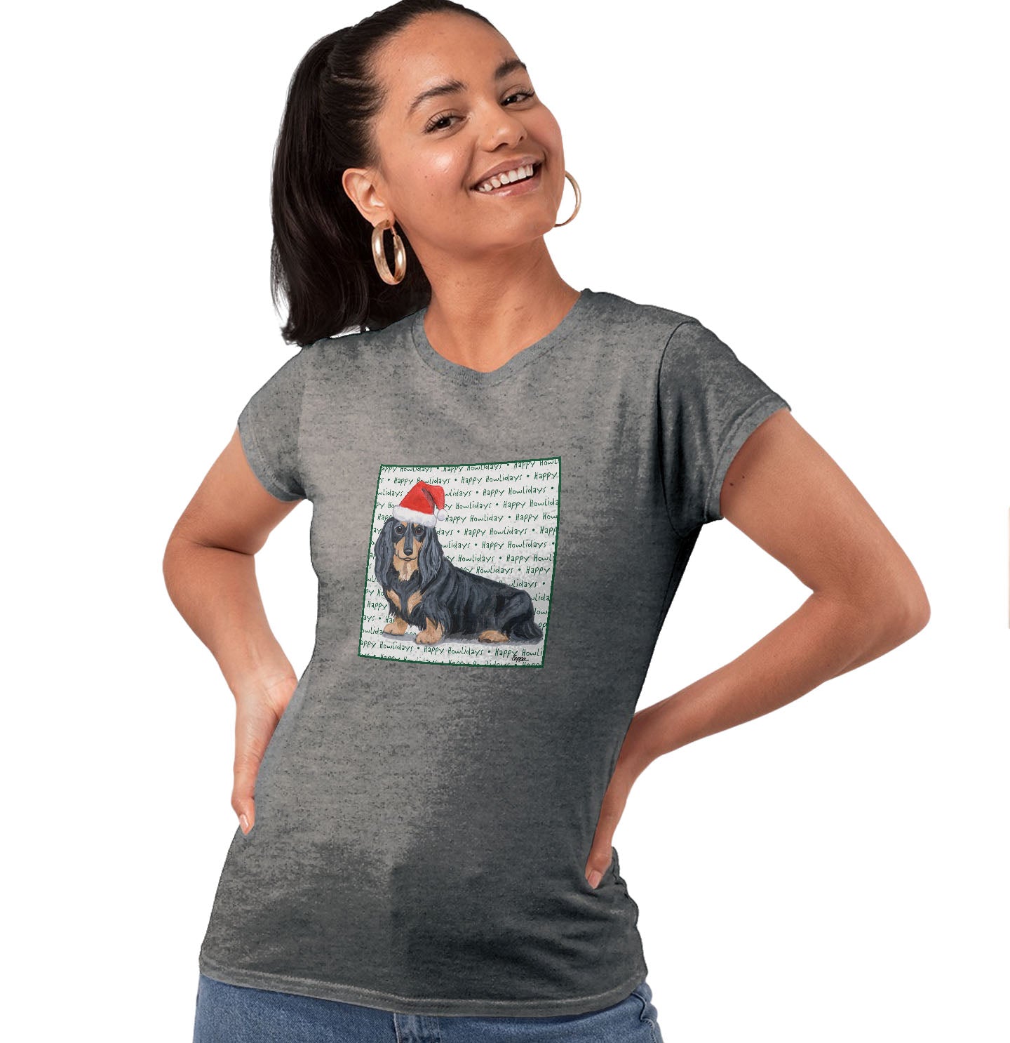 Dachshund (Black Long Haired) Happy Howlidays Text - Women's Tri-Blend T-Shirt