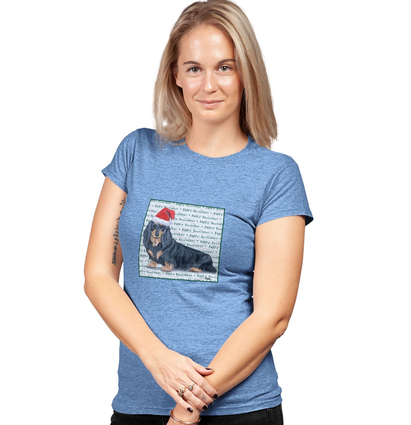 Dachshund (Black Long Haired) Happy Howlidays Text - Women's Tri-Blend T-Shirt