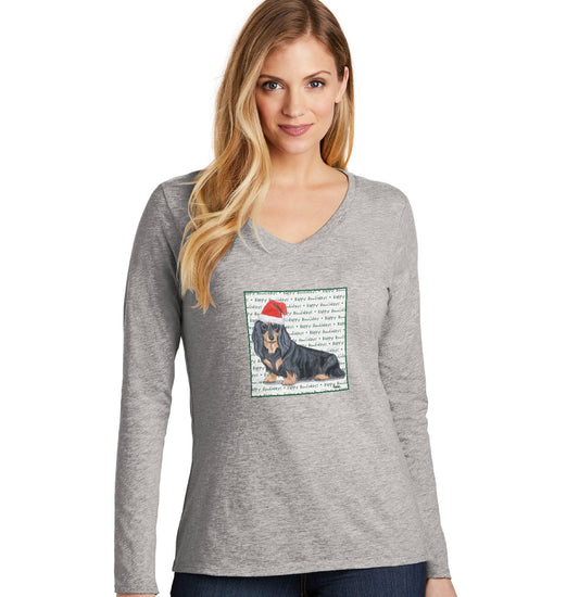 Dachshund (Black Long Haired) Happy Howlidays Text - Women's V-Neck Long Sleeve T-Shirt