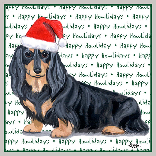 Dachshund (Black Long Haired) Happy Howlidays Text - Women's V-Neck Long Sleeve T-Shirt