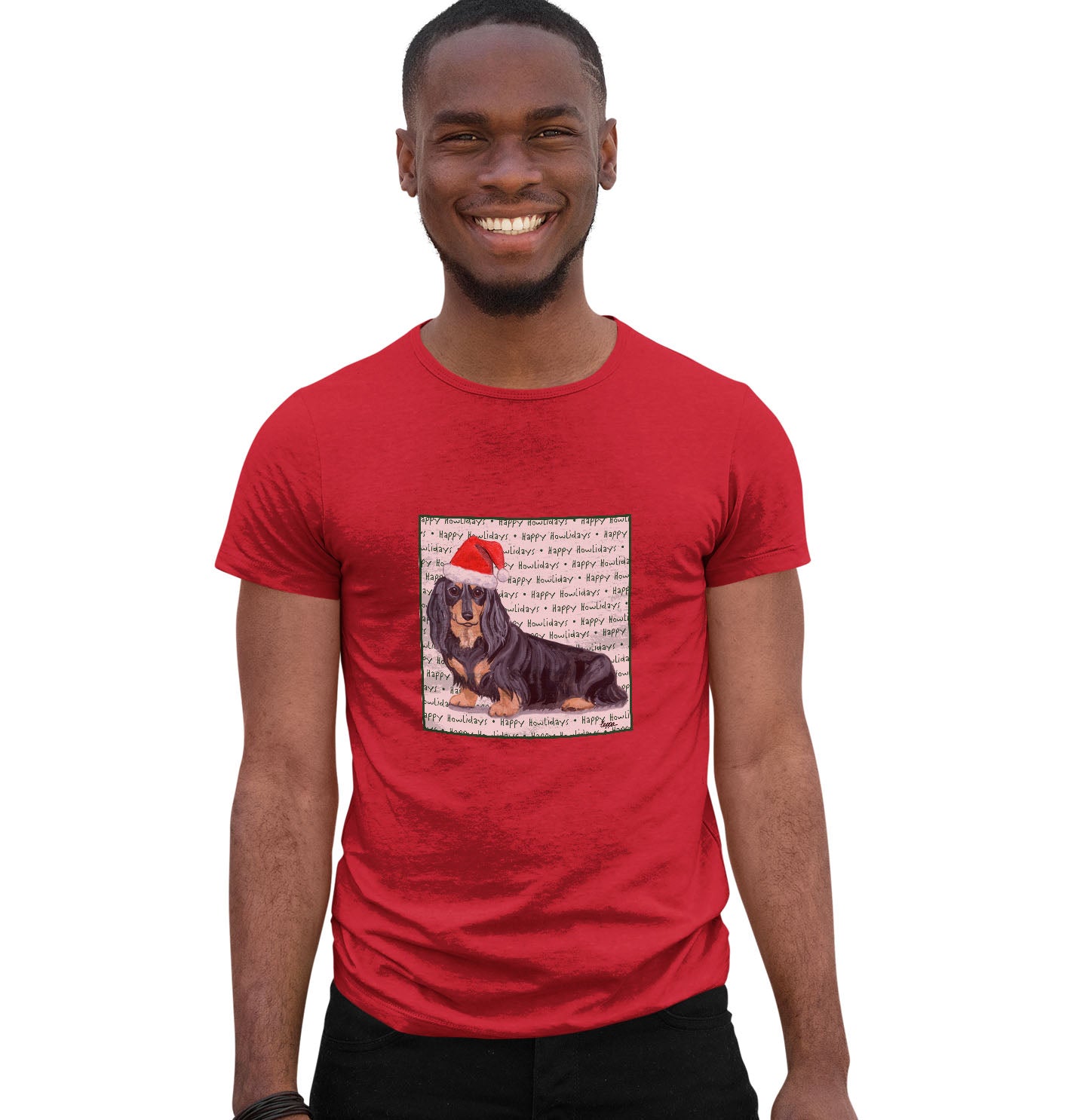 Dachshund (Black Long Haired) Happy Howlidays Text - Adult Unisex T-Shirt