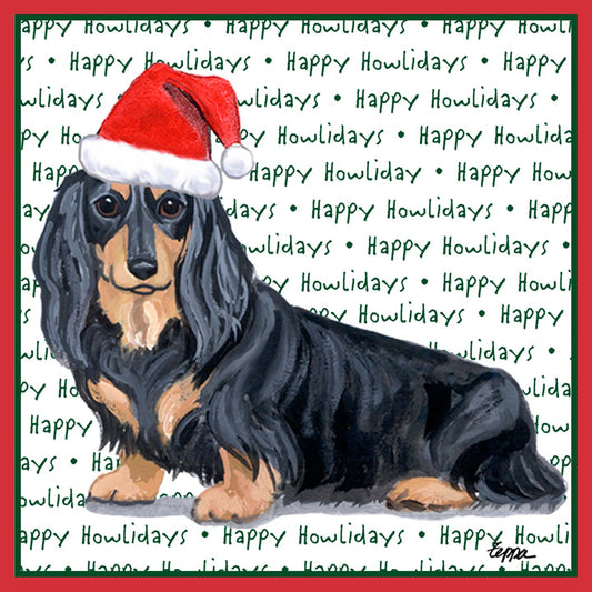 Dachshund (Black Long Haired) Happy Howlidays Text - Adult Unisex T-Shirt