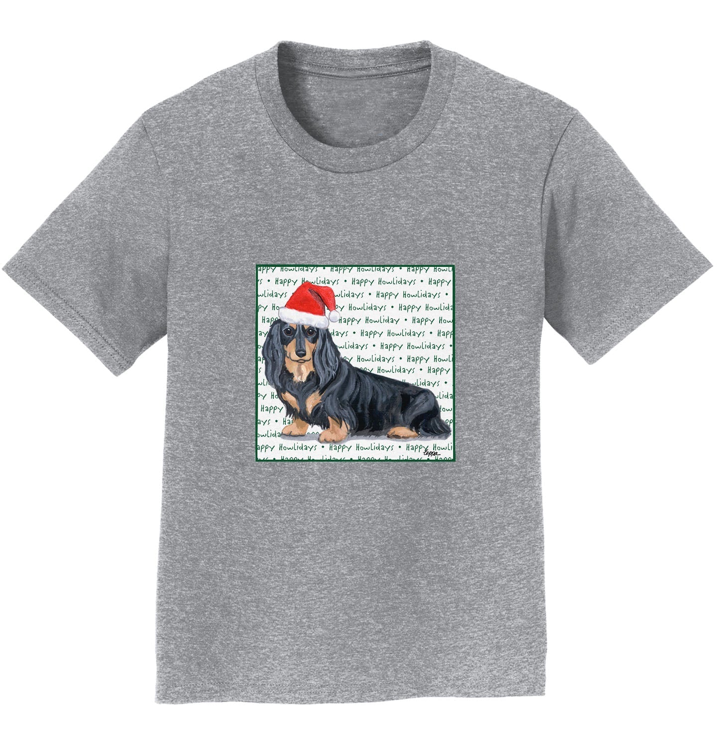 Dachshund (Black Long Haired) Happy Howlidays Text - Kids' Unisex T-Shirt