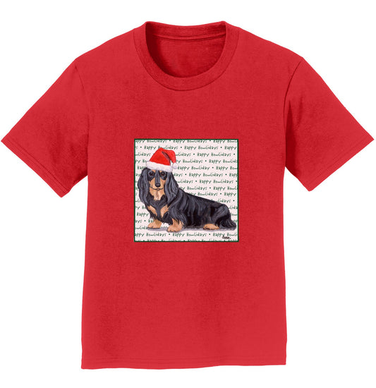 Dachshund (Black Long Haired) Happy Howlidays Text - Kids' Unisex T-Shirt