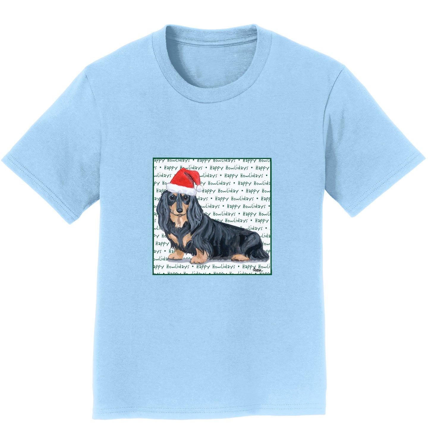 Dachshund (Black Long Haired) Happy Howlidays Text - Kids' Unisex T-Shirt